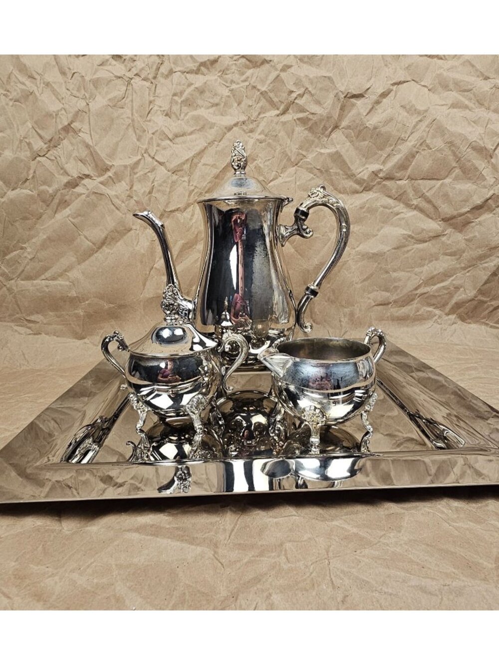 Vintage Silver-Plated Tea Set With Tray Includes Teapot Creamer & Sugar Bowl Orn